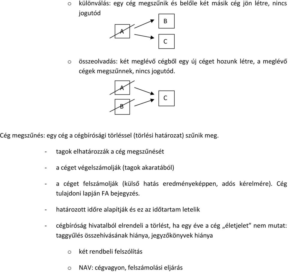 - tagok elhatározzák a cég megszűnését - a céget végelszámolják (tagok akaratából) - a céget felszámolják (külső hatás eredményeképpen, adós kérelmére).