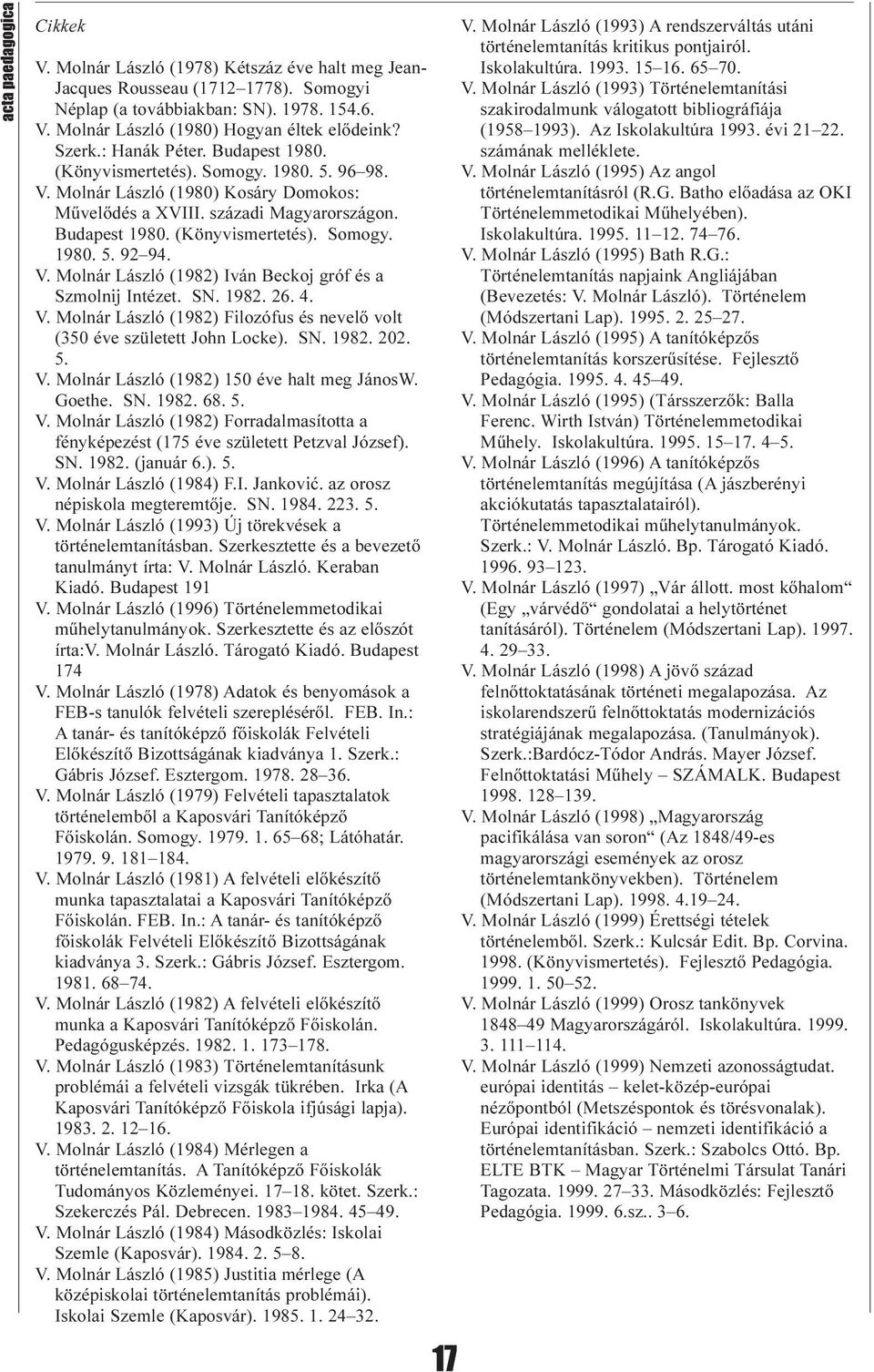 V. Molnár László (1982) Iván Beckoj gróf és a Szmolnij Intézet. SN. 1982. 26. 4. V. Molnár László (1982) Filozófus és nevelõ volt (350 éve született John Locke). SN. 1982. 202. 5. V. Molnár László (1982) 150 éve halt meg JánosW.