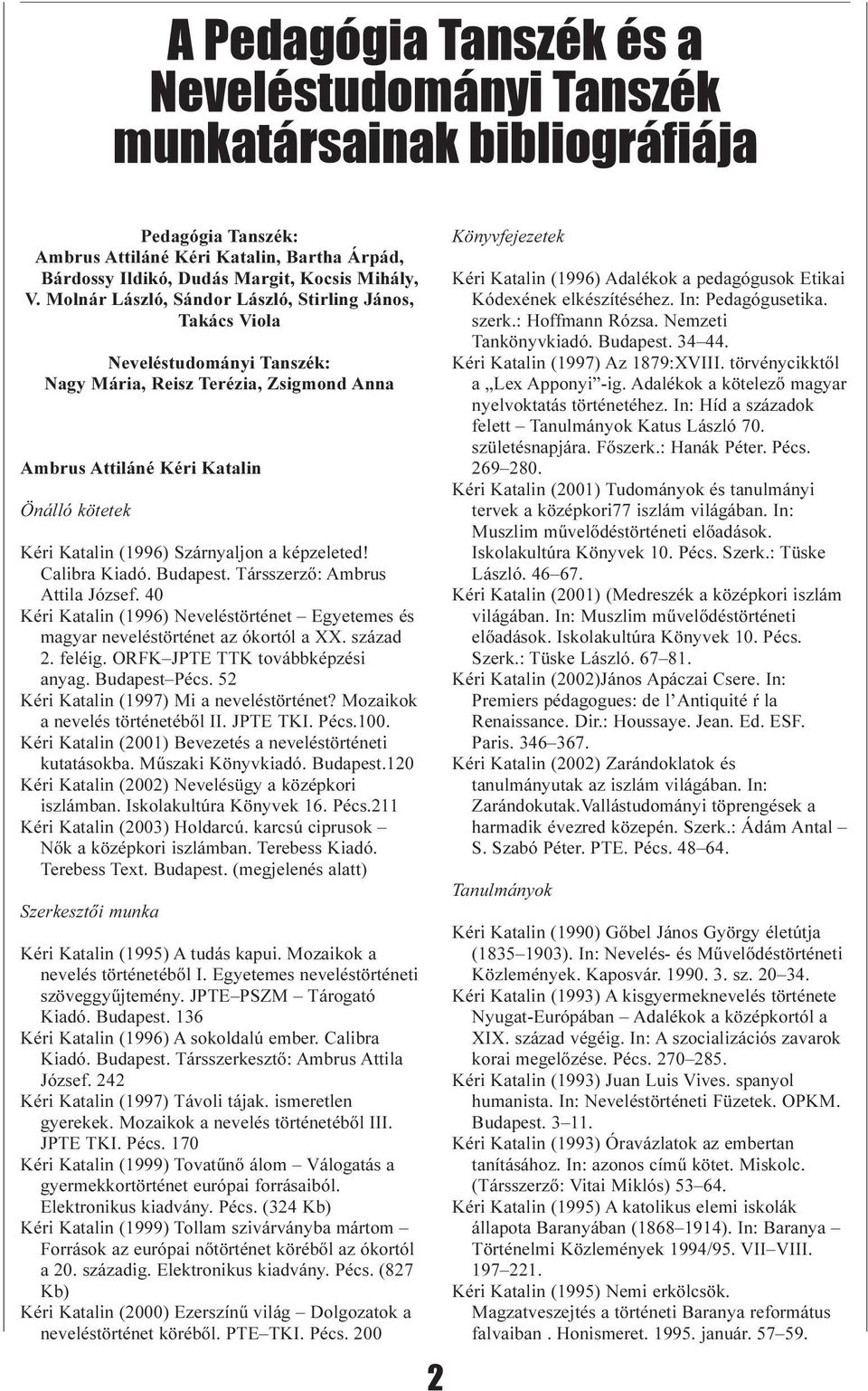 Szárnyaljon a képzeleted! Calibra Kiadó. Budapest. Társszerzõ: Ambrus Attila József. 40 Kéri Katalin (1996) Neveléstörténet Egyetemes és magyar neveléstörténet az ókortól a XX. század 2. feléig.