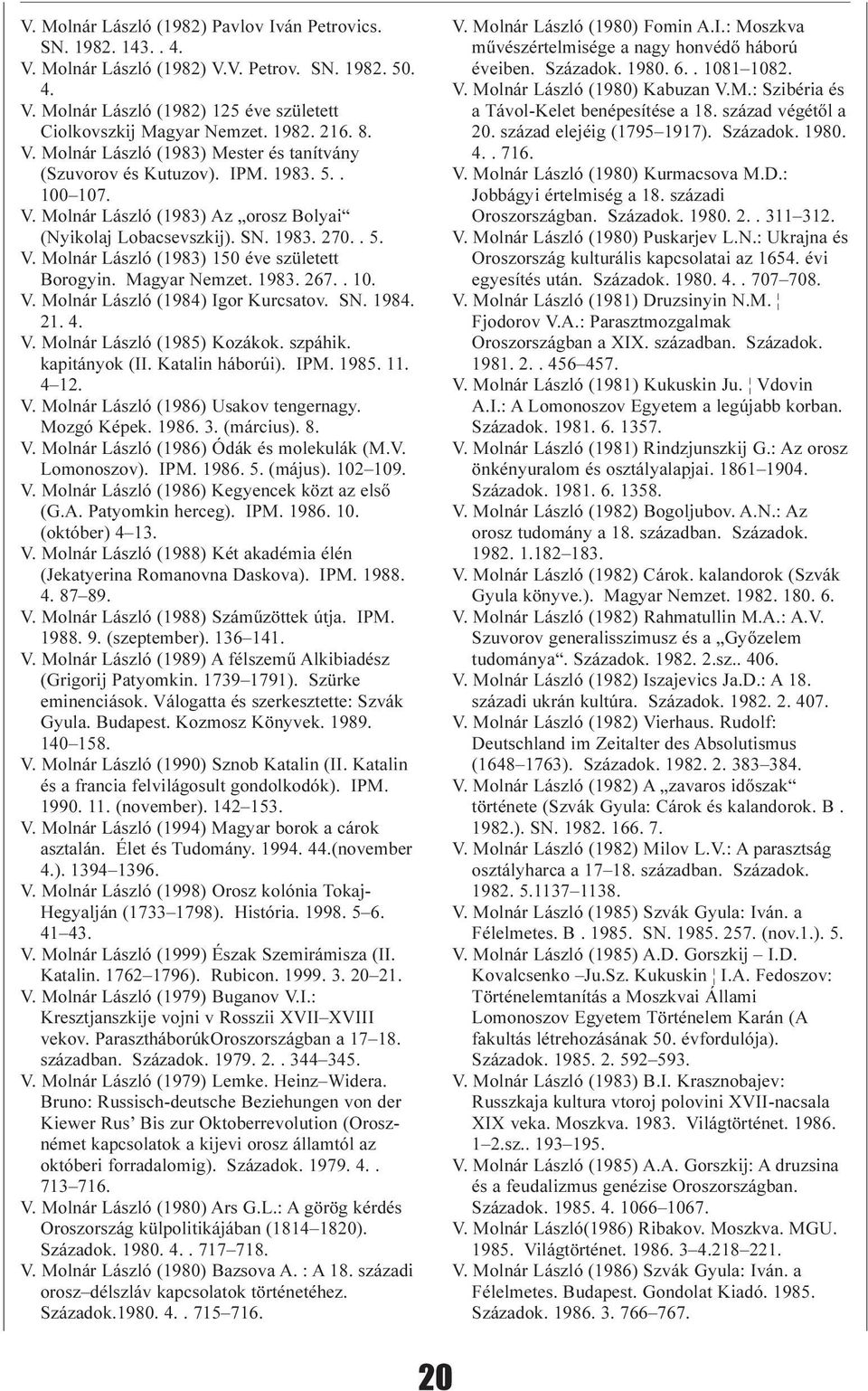 Magyar Nemzet. 1983. 267.. 10. V. Molnár László (1984) Igor Kurcsatov. SN. 1984. 21. 4. V. Molnár László (1985) Kozákok. szpáhik. kapitányok (II. Katalin háborúi). IPM. 1985. 11. 4 12. V. Molnár László (1986) Usakov tengernagy.