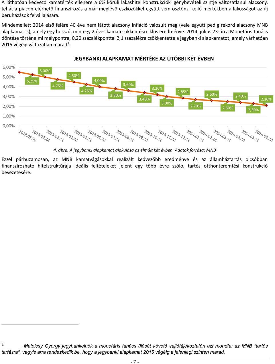 Mindemellett 2014 első felére 40 éve nem látott alacsony infláció valósult meg (vele együtt pedig rekord alacsony MNB alapkamat is), amely egy hosszú, mintegy 2 éves kamatcsökkentési ciklus eredménye.