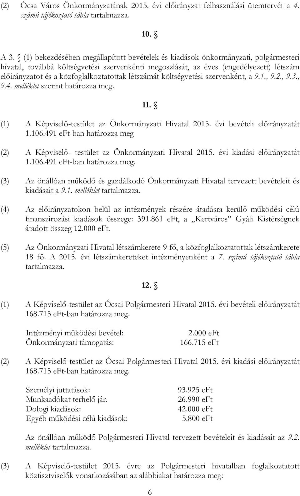 közfoglalkoztatottak létszámát költségvetési szervenként, a 9.1., 9.2., 9.3., 9.4. melléklet szerint határozza meg. 11. (1) A Képviselő-testület az Önkormányzati Hivatal 2015.