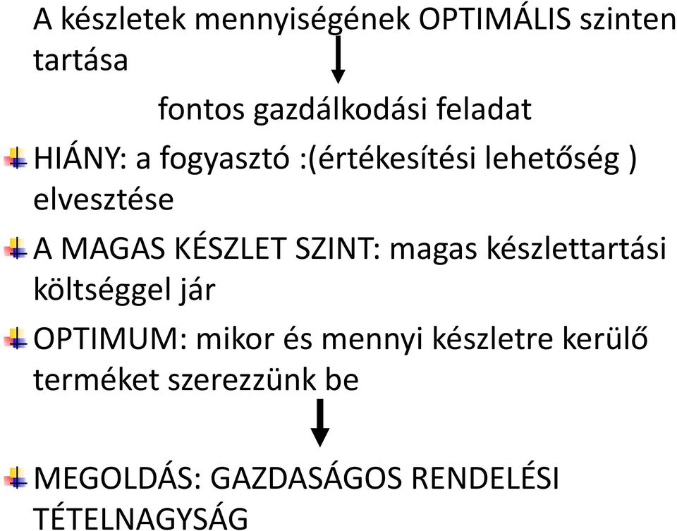 KÉSZLET SZINT: magas készlettartási költséggel jár OPTIMUM: mikor és mennyi