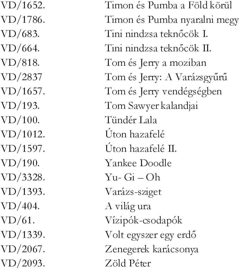 Tom és Jerry vendégségben Tom Sawyer kalandjai VD/100. Tündér Lala VD/1012. Úton hazafelé VD/1597. Úton hazafelé II.