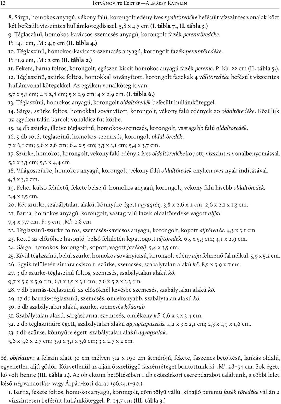 Téglaszínű, homokos-kavicsos-szemcsés anyagú, korongolt fazék peremtöredéke. P: 11,9 cm, M : 2 cm (II. tábla 2.) 11. Fekete, barna foltos, korongolt, egészen kicsit homokos anyagú fazék pereme. P: kb.