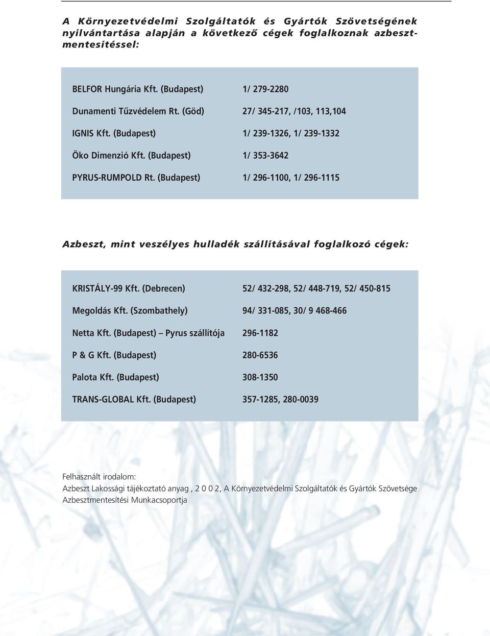 (Budapest) 1/ 296-1100, 1/ 296-1115 Azbeszt, mint veszélyes hulladék szállításával foglalkozó cégek: KRISTÁLY-99 Kft. (Debrecen) 52/ 432-298, 52/ 448-719, 52/ 450-815 Megoldás Kft.