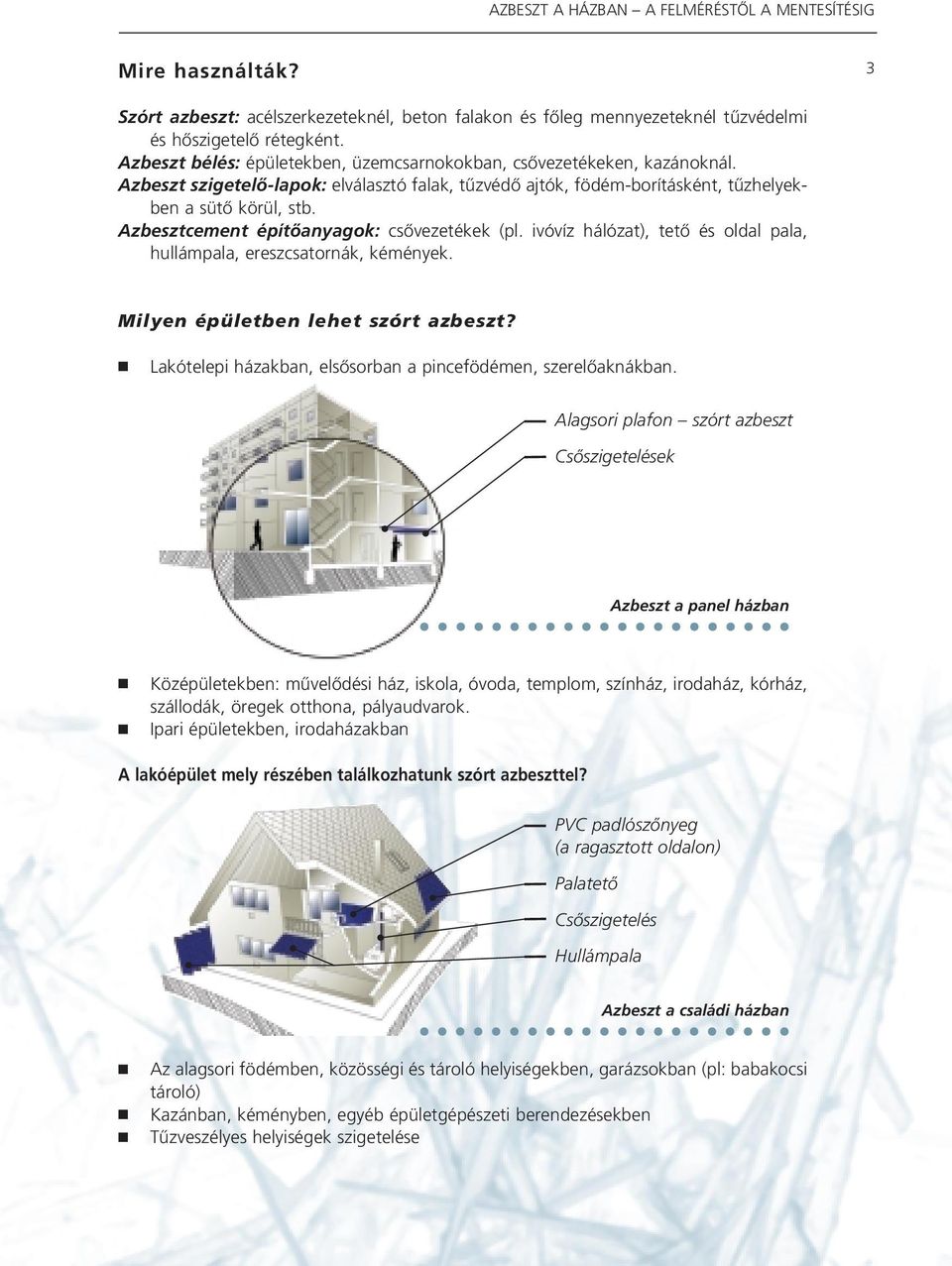 Azbesztcement építôanyagok: csôvezetékek (pl. ivóvíz hálózat), tetô és oldal pala, hullámpala, ereszcsatornák, kémények. Milyen épületben lehet szórt azbeszt?
