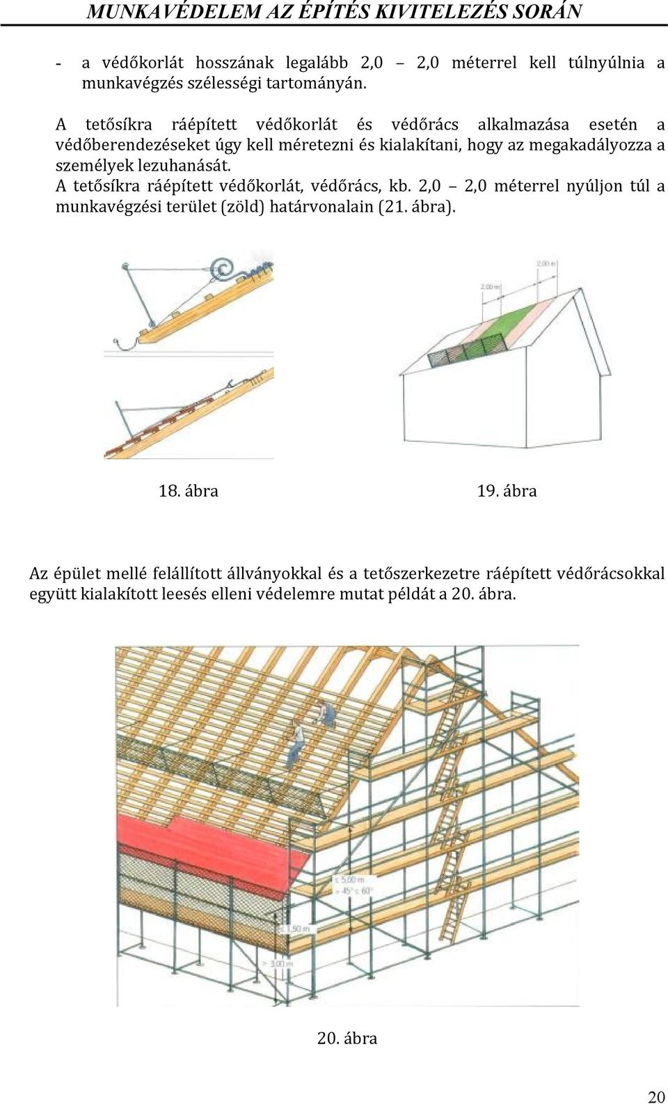 személyek lezuhanását. A tetősíkra ráépített védőkorlát, védőrács, kb. 2,0 2,0 méterrel nyúljon túl a munkavégzési terület (zöld) határvonalain (21.