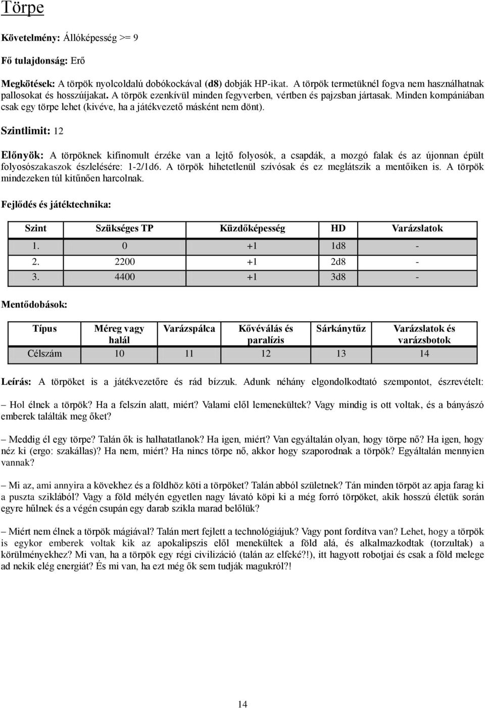 Szintlimit: 12 Előnyök: A törpöknek kifinomult érzéke van a lejtő folyosók, a csapdák, a mozgó falak és az újonnan épült folyosószakaszok észlelésére: 1-2/1d6.