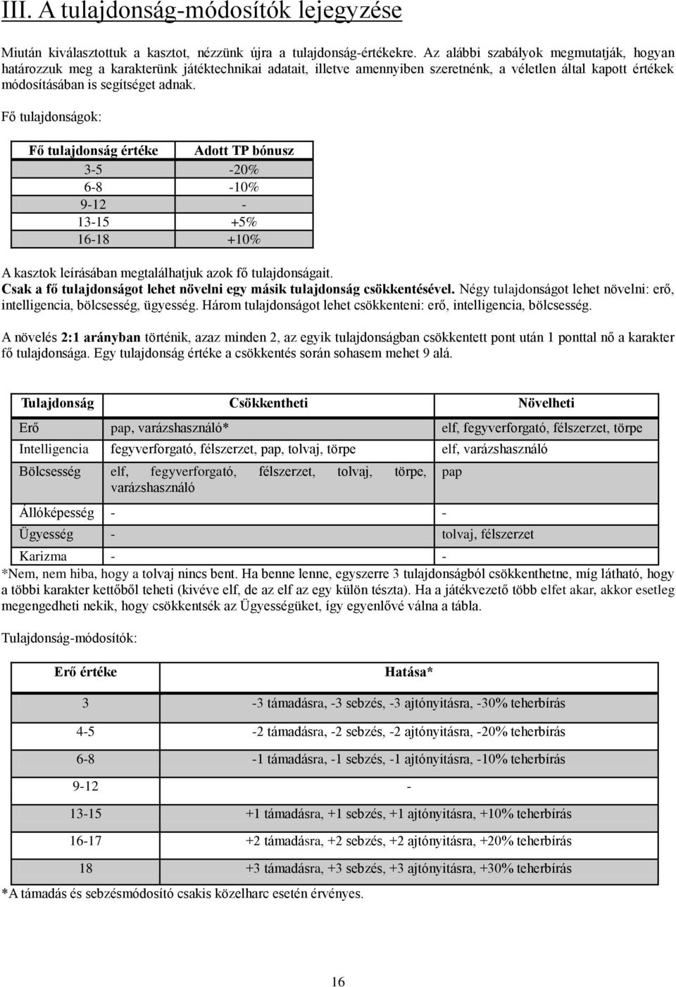 Fő tulajdonságok: Fő tulajdonság értéke Adott TP bónusz 3-5 -20% 6-8 -10% 9-12 - 13-15 +5% 16-18 +10% A kasztok leírásában megtalálhatjuk azok fő tulajdonságait.