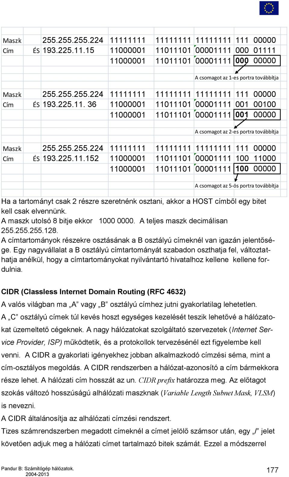 11111 11111111 11111111 111 00000 Cím ÉS 193.225.11. 36 11000001 11011101 00001111 001 00100 11000001 11011101 00001111 001 00000 A csomagot az 2-es portra továbbítja Maszk 255.