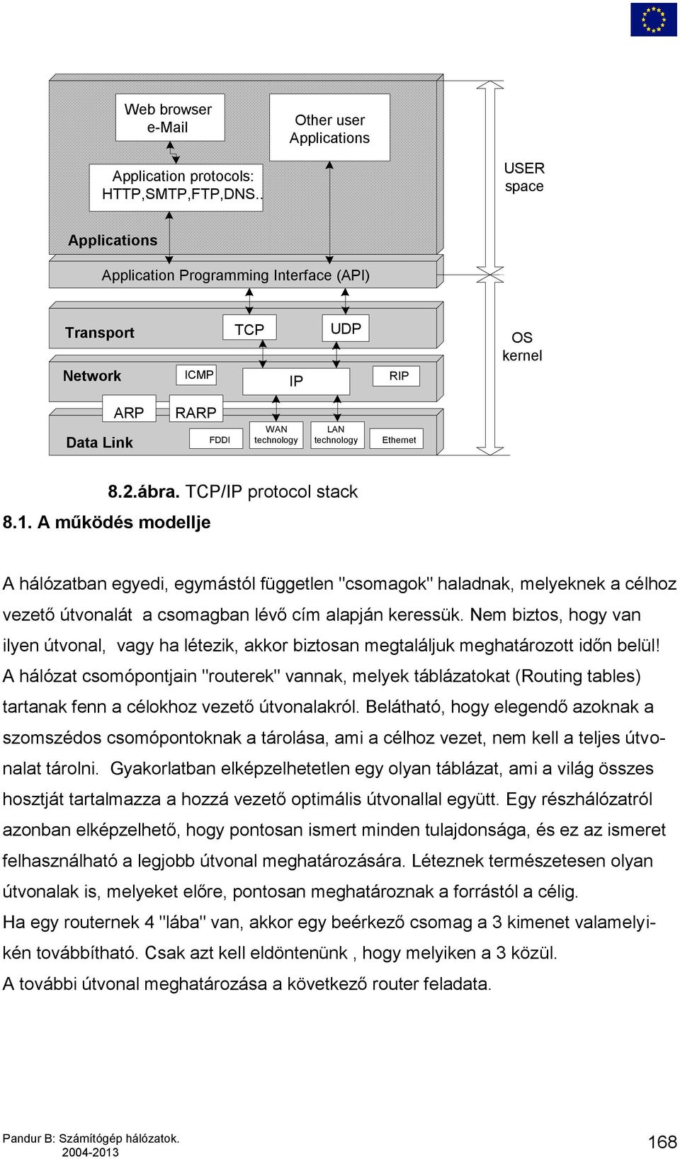 A működés modellje 8.2.ábra. TCP/IP protocol stack A hálózatban egyedi, egymástól független "csomagok" haladnak, melyeknek a célhoz vezető útvonalát a csomagban lévő cím alapján keressük.