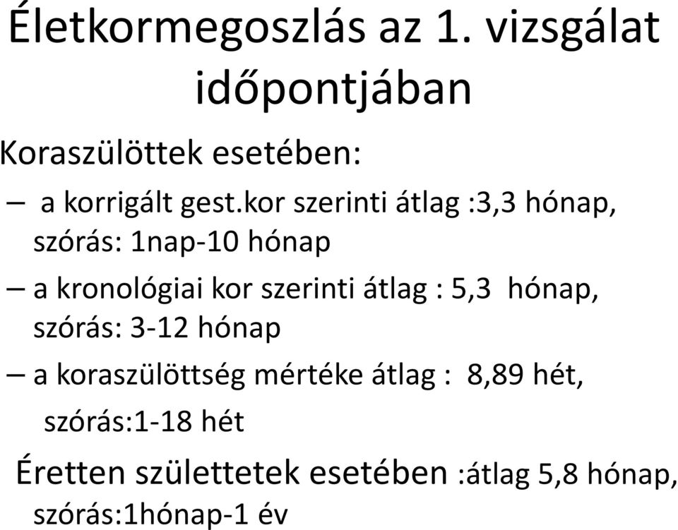 kor szerinti átlag :3,3 hónap, szórás: 1nap-10 hónap a kronológiai kor szerinti