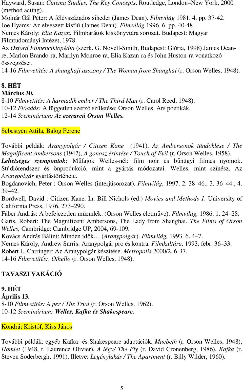 Az Oxford Filmenciklopédia (szerk. G. Novell-Smith, Budapest: Glória, 1998) James Deanre, Marlon Brando-ra, Marilyn Monroe-ra, Elia Kazan-ra és John Huston-ra vonatkozó összegzései.