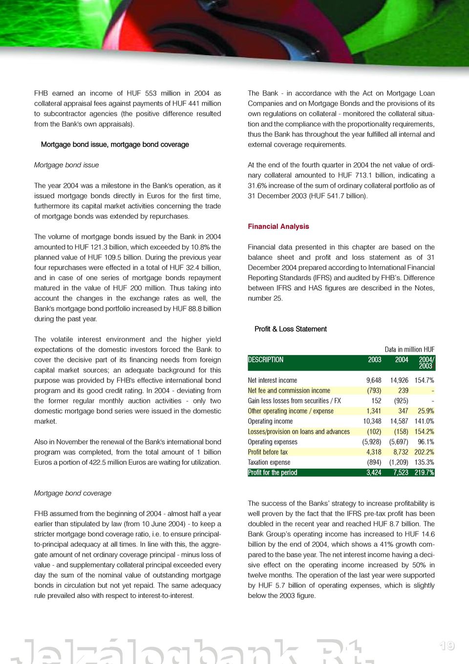 Mortgage bond issue, mortgage bond coverage Mortgage bond issue The year 2004 was a milestone in the Bank's operation, as it issued mortgage bonds directly in Euros for the first time, furthermore