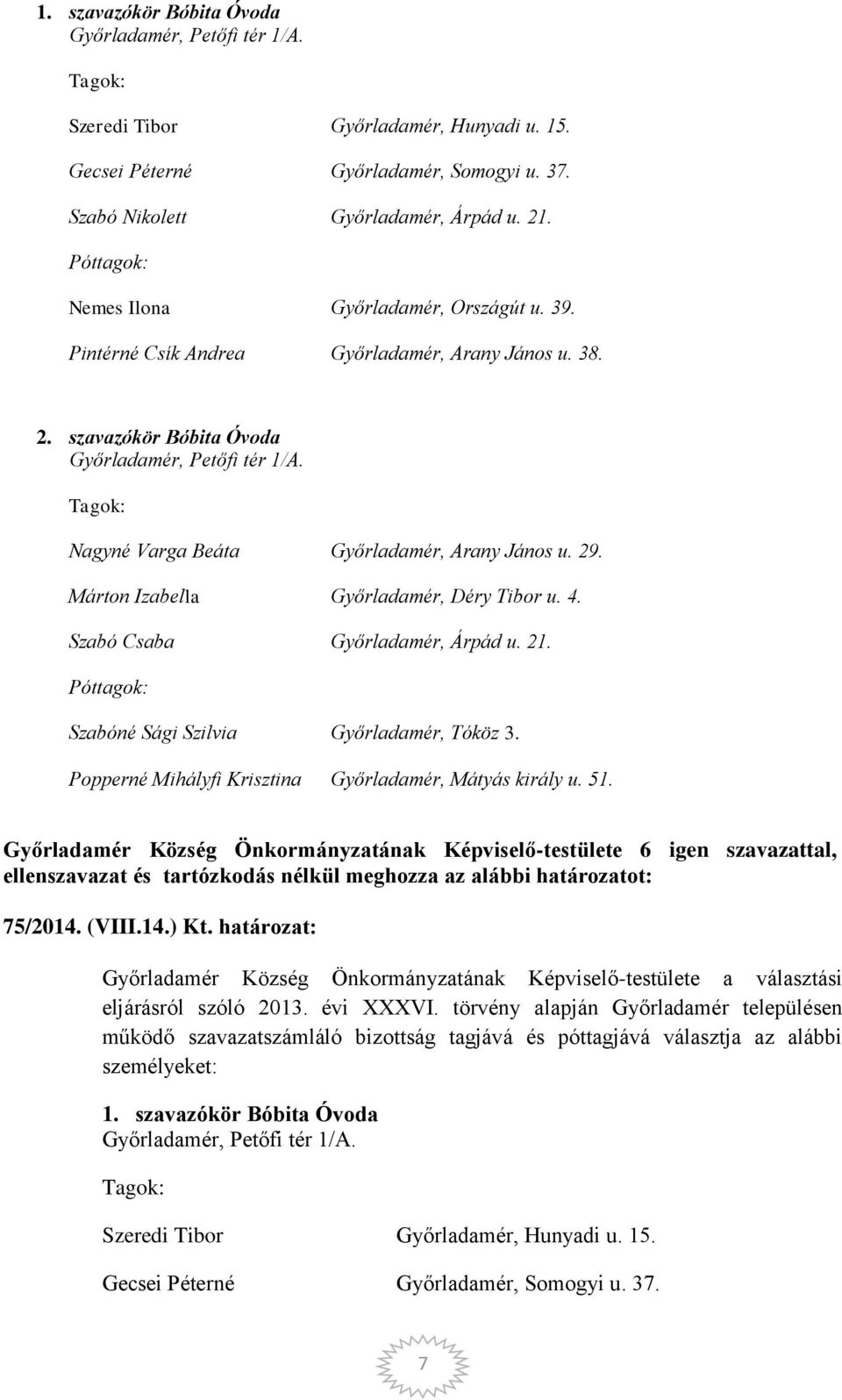 Tagok: Nagyné Varga Beáta Győrladamér, Arany János u. 29. Márton Izabella Győrladamér, Déry Tibor u. 4. Szabó Csaba Győrladamér, Árpád u. 21. Póttagok: Szabóné Sági Szilvia Győrladamér, Tóköz 3.