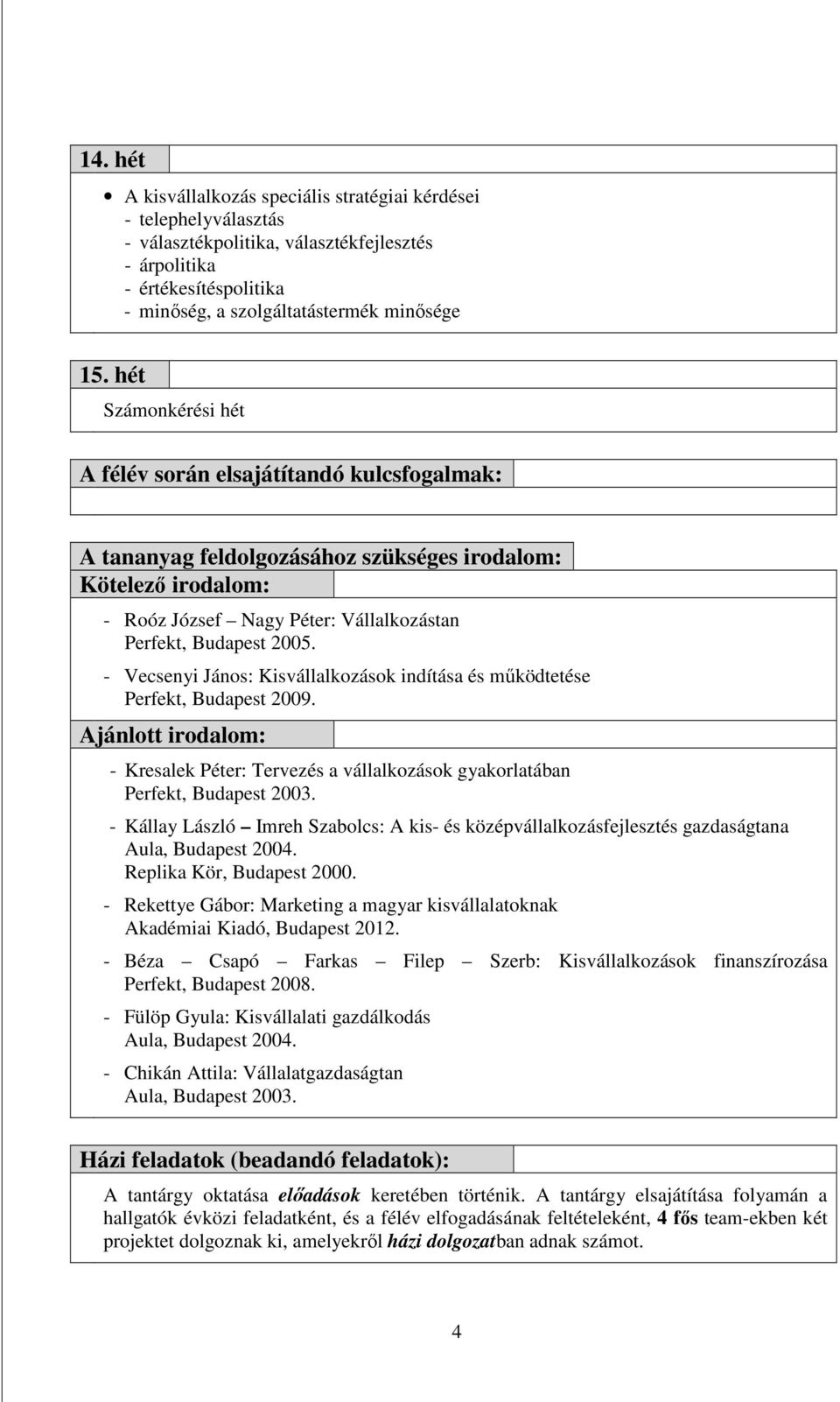 - Vecsenyi János: Kisvállalkozások indítása és mőködtetése Perfekt, Budapest 2009. Ajánlott irodalom: - Kresalek Péter: Tervezés a vállalkozások gyakorlatában Perfekt, Budapest 2003.