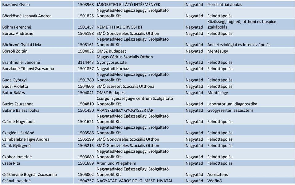 1504032 OMSZ Budapest Nagyatád Mentésügy Brantmüller Jánosné Magas Cédrus Szociális Otthon 3114443 Gyöngyöspuszta Nagyatád Felnőttápolás Buczkuné Tihanyi Zsuzsanna 1501857 Nagyatádi Kórház Nagyatád