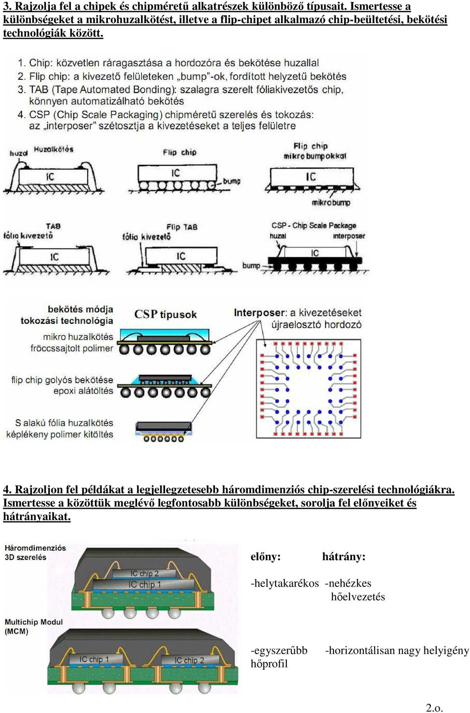 között. 4. Rajzoljon fel példákat a legjellegzetesebb háromdimenziós chip-szerelési technológiákra.