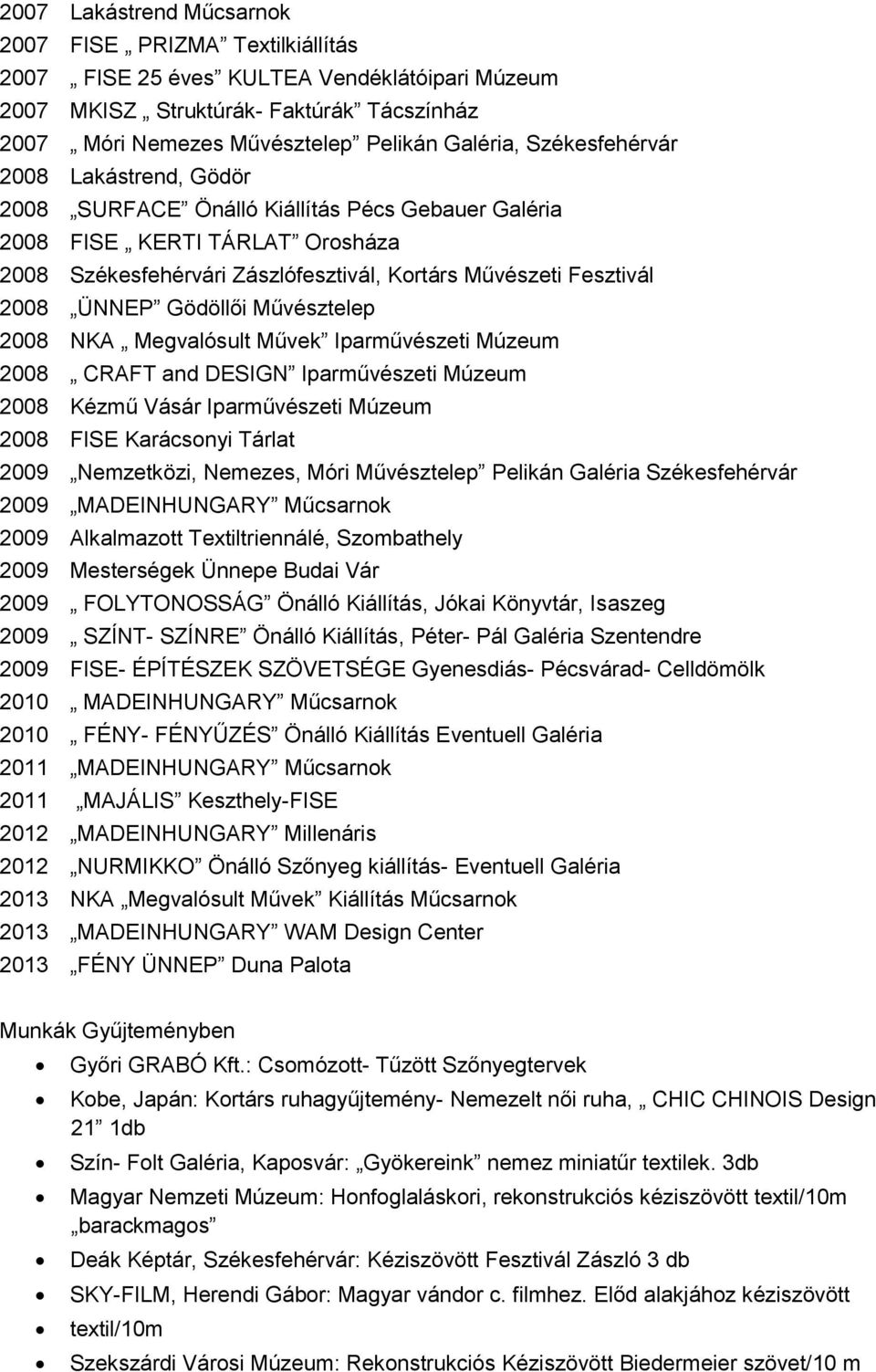 Gödöllői Művésztelep 2008 NKA Megvalósult Művek Iparművészeti Múzeum 2008 CRAFT and DESIGN Iparművészeti Múzeum 2008 Kézmű Vásár Iparművészeti Múzeum 2008 FISE Karácsonyi Tárlat 2009 Nemzetközi,