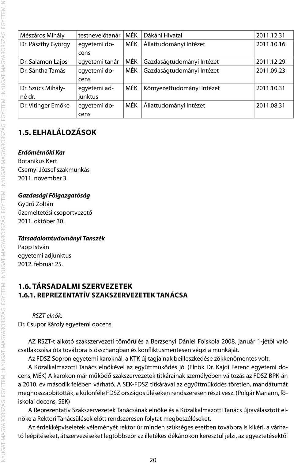 Sántha Tamás egyetemi docens MÉK Gazdaságtudományi Intézet 2011.09.23 Dr. Szücs Mihályné egyetemi ad- MÉK Környezettudományi Intézet 2011.10.31 dr. junktus Dr.