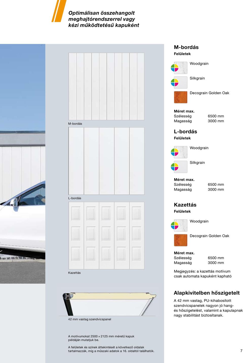 Szélesség Magasság 6500 mm 3000 mm Kazettás Megjegyzés: a kazettás motívum csak automata kapuként kapható 42 mm vastag szendvicspanel Alapkivitelben hőszigetelt A 42 mm vastag, PU-kihabosított