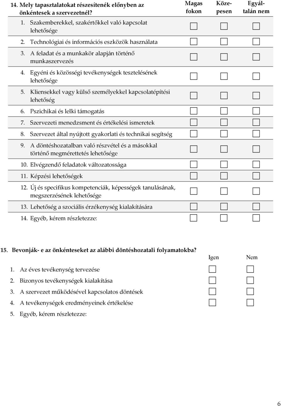 Kliensekkel vagy külső személyekkel kapcsolatépítési lehetőség 6. Pszichikai és lelki támogatás 7. Szervezeti menedzsment és értékelési ismeretek 8.