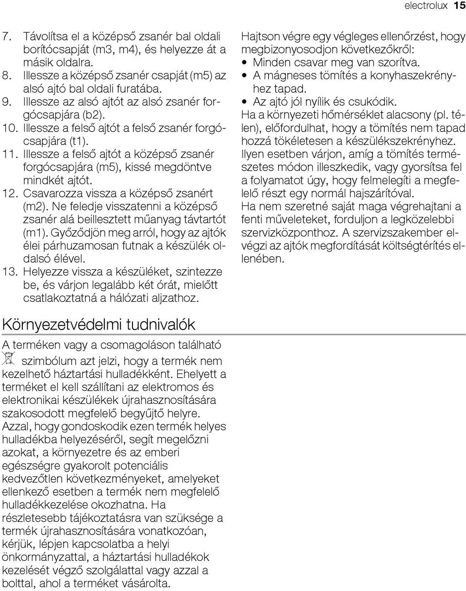 Illessze a felső ajtót a középső zsanér forgócsapjára (m5), kissé megdöntve mindkét ajtót. 12. Csavarozza vissza a középső zsanért (m2).