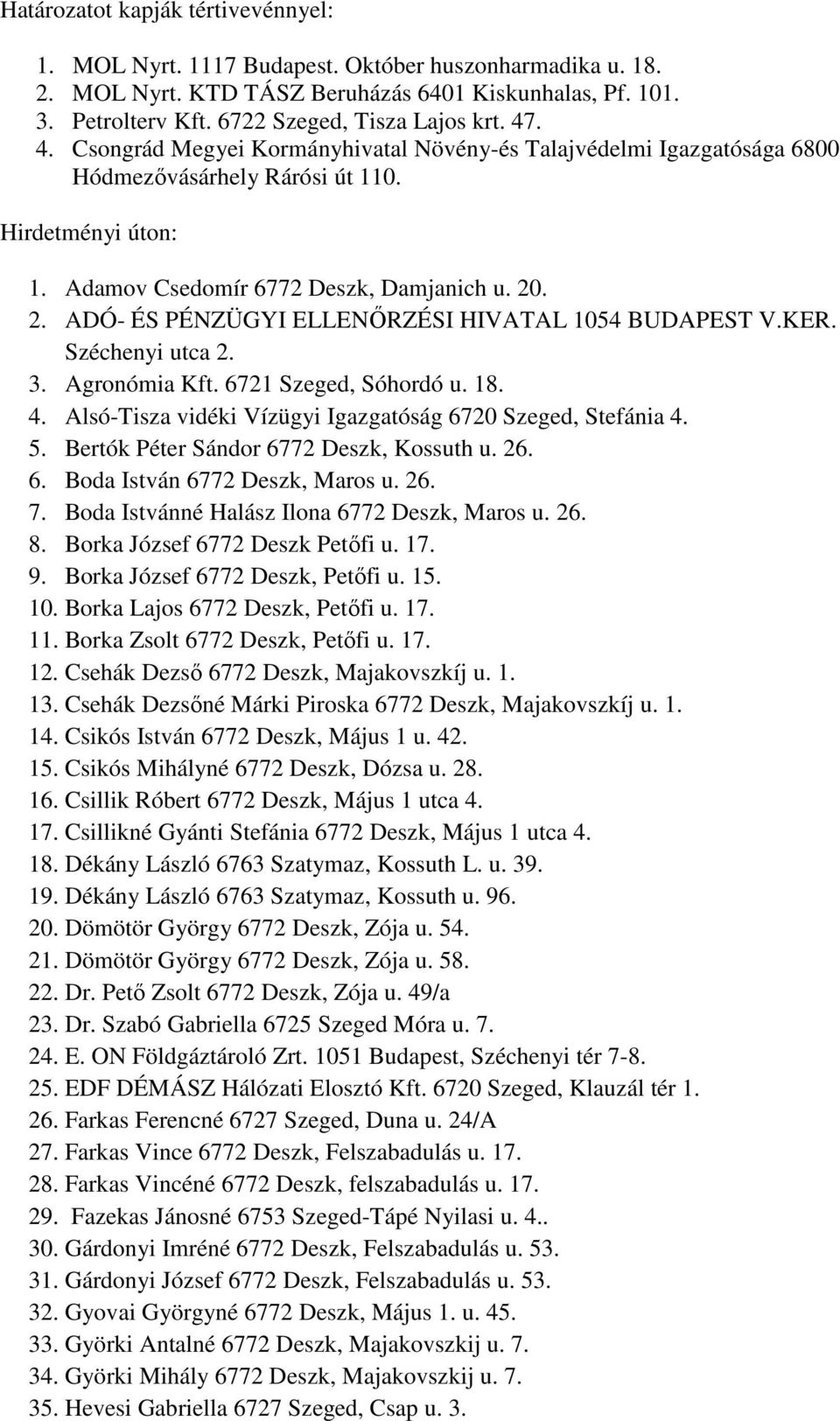 Adamov Csedomír 6772 Deszk, Damjanich u. 20. 2. ADÓ- ÉS PÉNZÜGYI ELLENŐRZÉSI HIVATAL 1054 BUDAPEST V.KER. Széchenyi utca 2. 3. Agronómia Kft. 6721 Szeged, Sóhordó u. 18. 4.