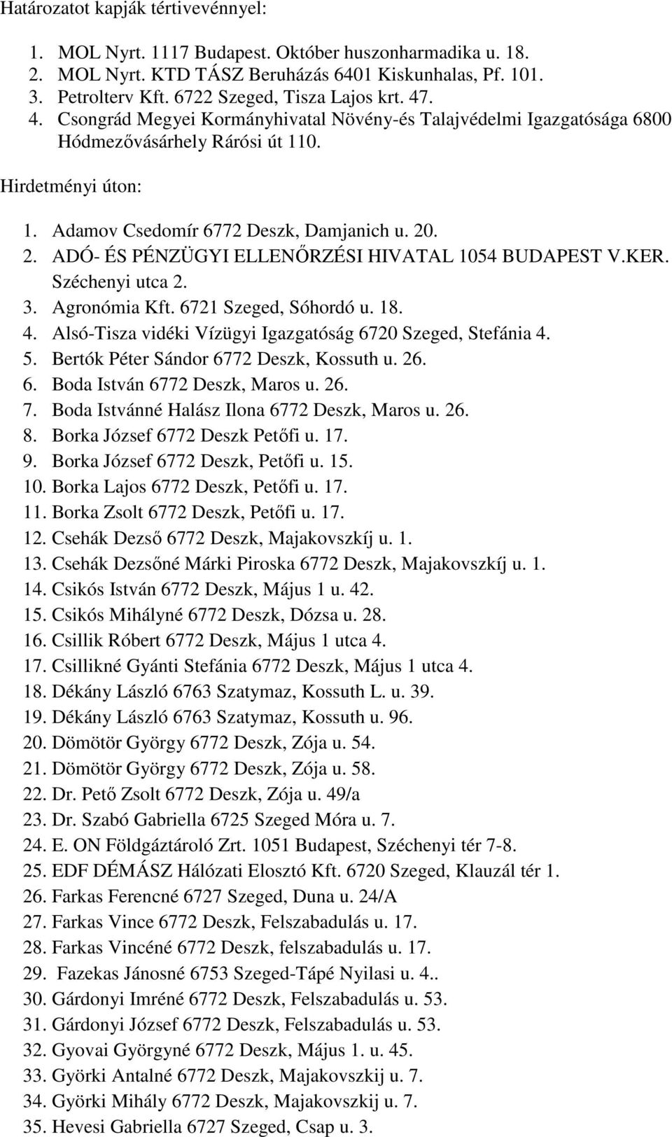 Adamov Csedomír 6772 Deszk, Damjanich u. 20. 2. ADÓ- ÉS PÉNZÜGYI ELLENŐRZÉSI HIVATAL 1054 BUDAPEST V.KER. Széchenyi utca 2. 3. Agronómia Kft. 6721 Szeged, Sóhordó u. 18. 4.