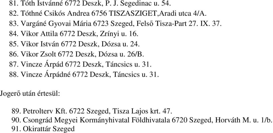 24. 86. Vikor Zsolt 6772 Deszk, Dózsa u. 26/B. 87. Vincze Árpád 6772 Deszk, Táncsics u. 31. 88. Vincze Árpádné 6772 Deszk, Táncsics u. 31. Jogerő után értesül: 89.