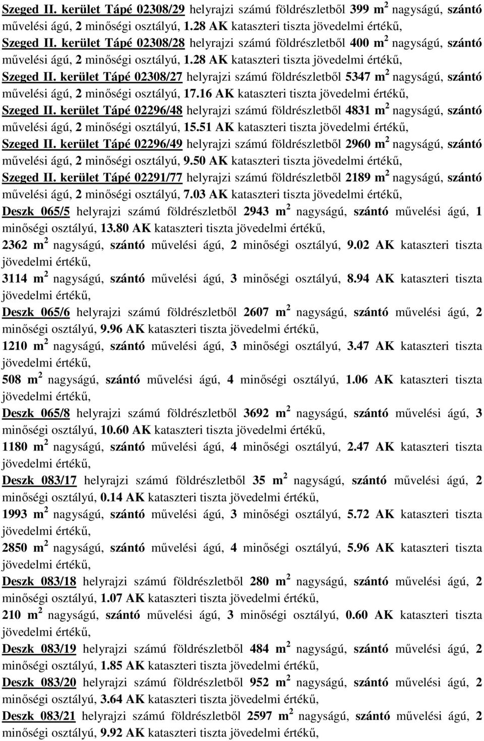 kerület Tápé 02308/27 helyrajzi számú földrészletből 5347 m 2 nagyságú, szántó művelési ágú, 2 minőségi osztályú, 17.16 kataszteri tiszta Szeged II.