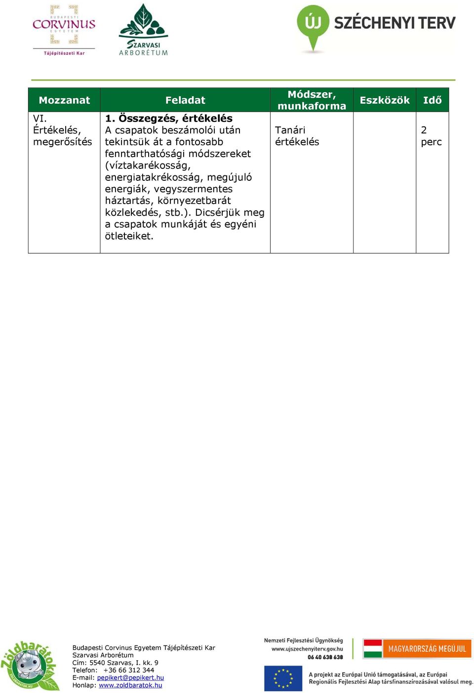 módszereket (víztakarékosság, energiatakrékosság, megújuló energiák, vegyszermentes