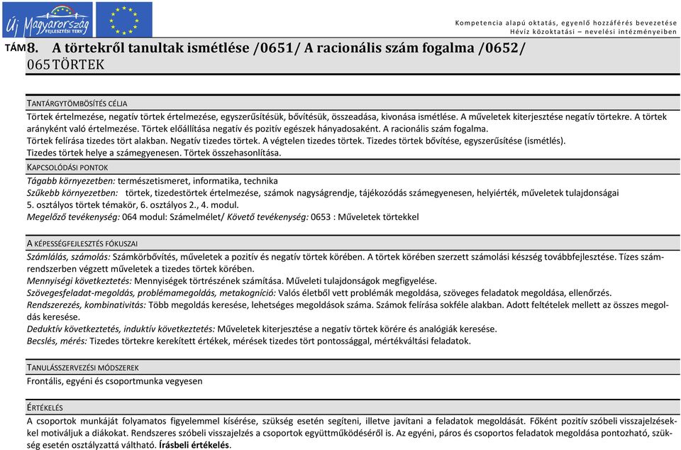 Törtek felírása tizedes tört alakban. Negatív tizedes törtek. A végtelen tizedes törtek. Tizedes törtek bővítése, egyszerűsítése (ismétlés). Tizedes törtek helye a számegyenesen.