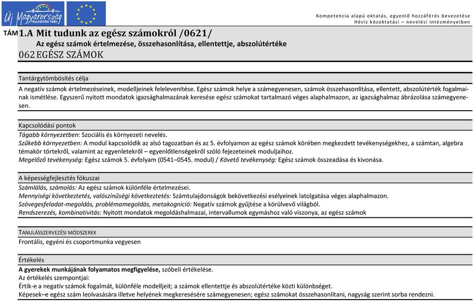 4/08/2-2009-0134 Mit tudunk az egész számokról /0621/ Az egész számok értelmezése, összehasonlítása, ellentettje, abszolútértéke 062 EGÉSZ SZÁMOK Tantárgytömbösítés célja A negatív számok