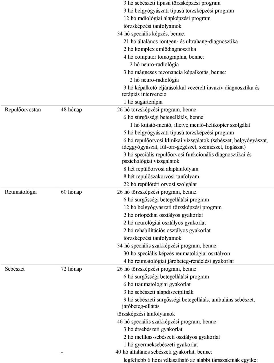 eljárásokkal vezérelt invazív diagnosztika és terápiás intervenció 1 hó sugárterápia Repülőorvostan 48 hónap 26 hó törzsképzési program, benne: 6 hó sürgősségi betegellátás, benne: 1 hó kutató-mentő,