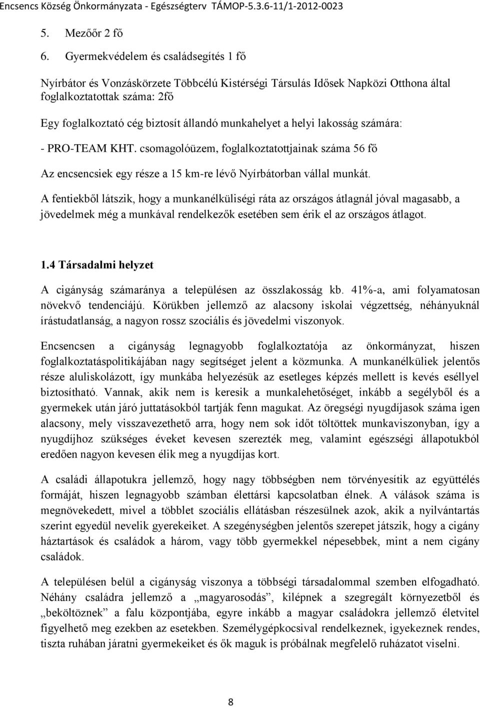 helyi laksság számára: - PRO-TEAM KHT. csmaglóüzem, fglalkztatttjainak száma 56 fő Az encsencsiek egy része a 15 km-re lévő Nyírbátrban vállal munkát.