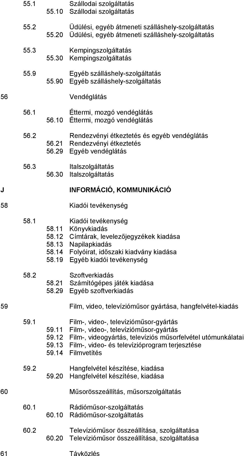 2 Rendezvényi étkeztetés és egyéb vendéglátás 56.21 Rendezvényi étkeztetés 56.29 Egyéb vendéglátás 56.3 Italszolgáltatás 56.30 Italszolgáltatás J INFORMÁCIÓ, KOMMUNIKÁCIÓ 58 Kiadói tevékenység 58.