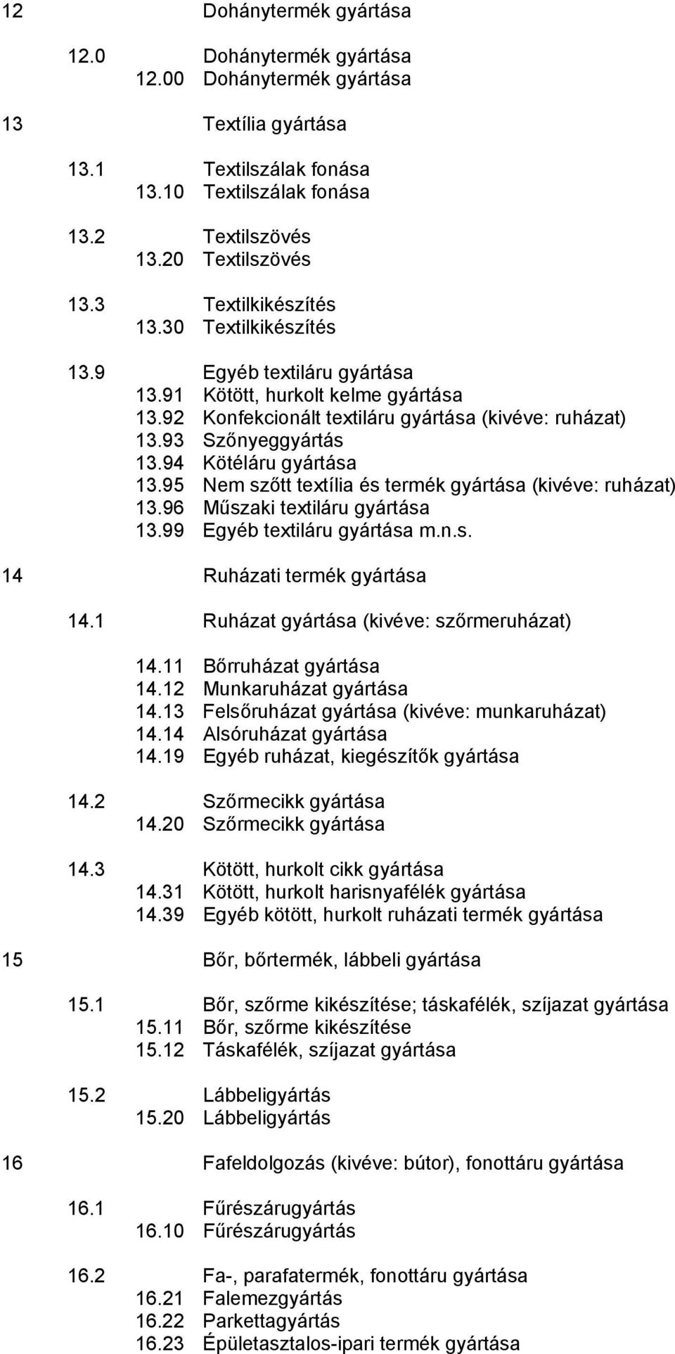 94 Kötéláru gyártása 13.95 Nem szőtt textília és termék gyártása (kivéve: ruházat) 13.96 Műszaki textiláru gyártása 13.99 Egyéb textiláru gyártása m.n.s. 14 Ruházati termék gyártása 14.