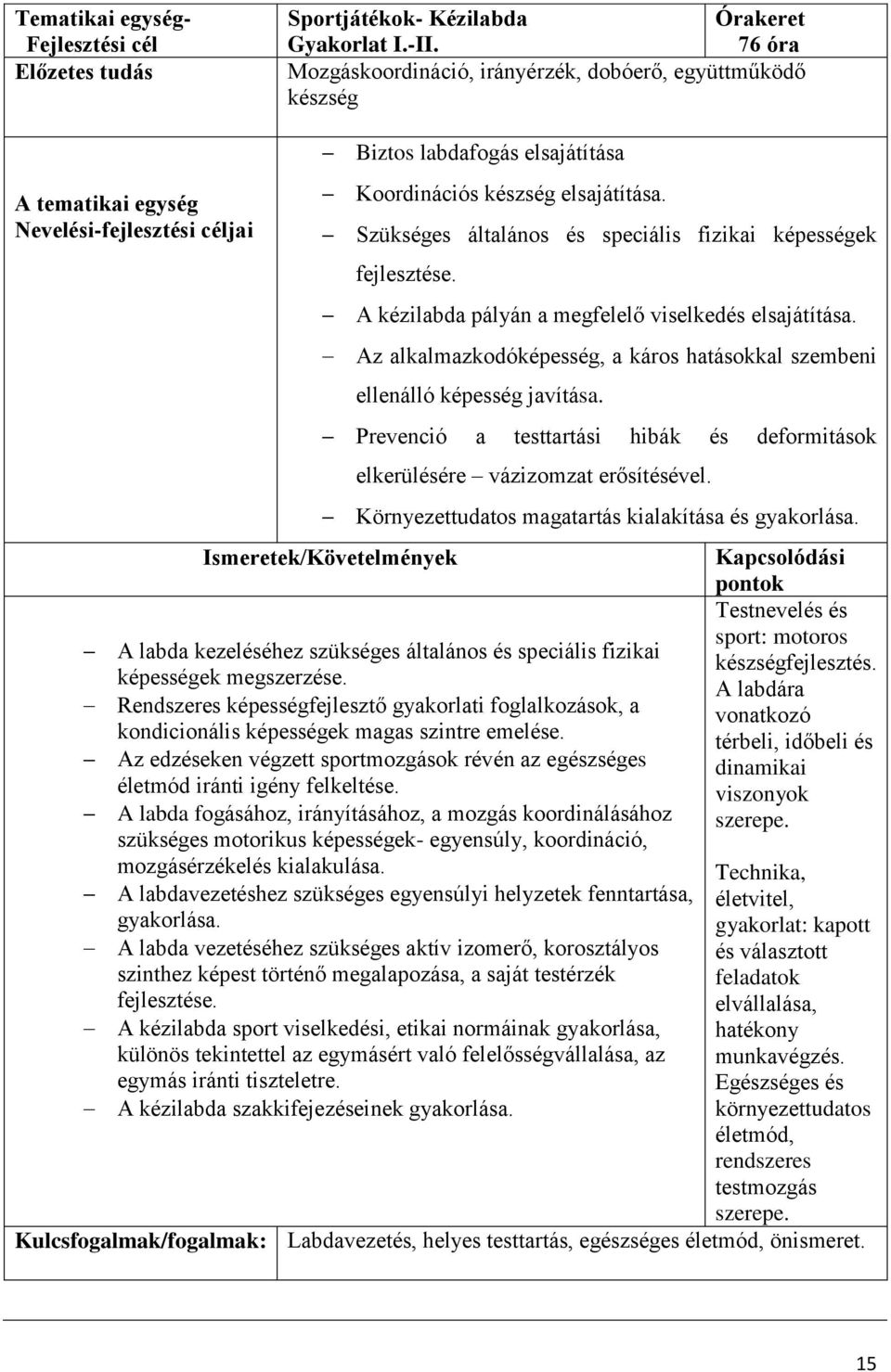 Szükséges általános és speciális fizikai képességek fejlesztése. Ismeretek/Követelmények A kézilabda pályán a megfelelő viselkedés elsajátítása.