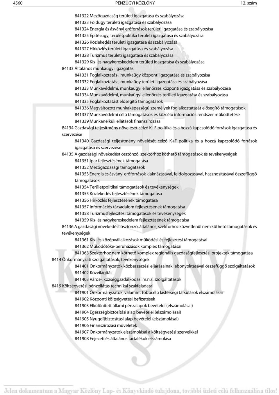 Építésügy, területpolitika területi igazgatása és szabályozása 841326 Közlekedés területi igazgatása és szabályozása 841327 Hírközlés területi igazgatása és szabályozása 841328 Turizmus területi
