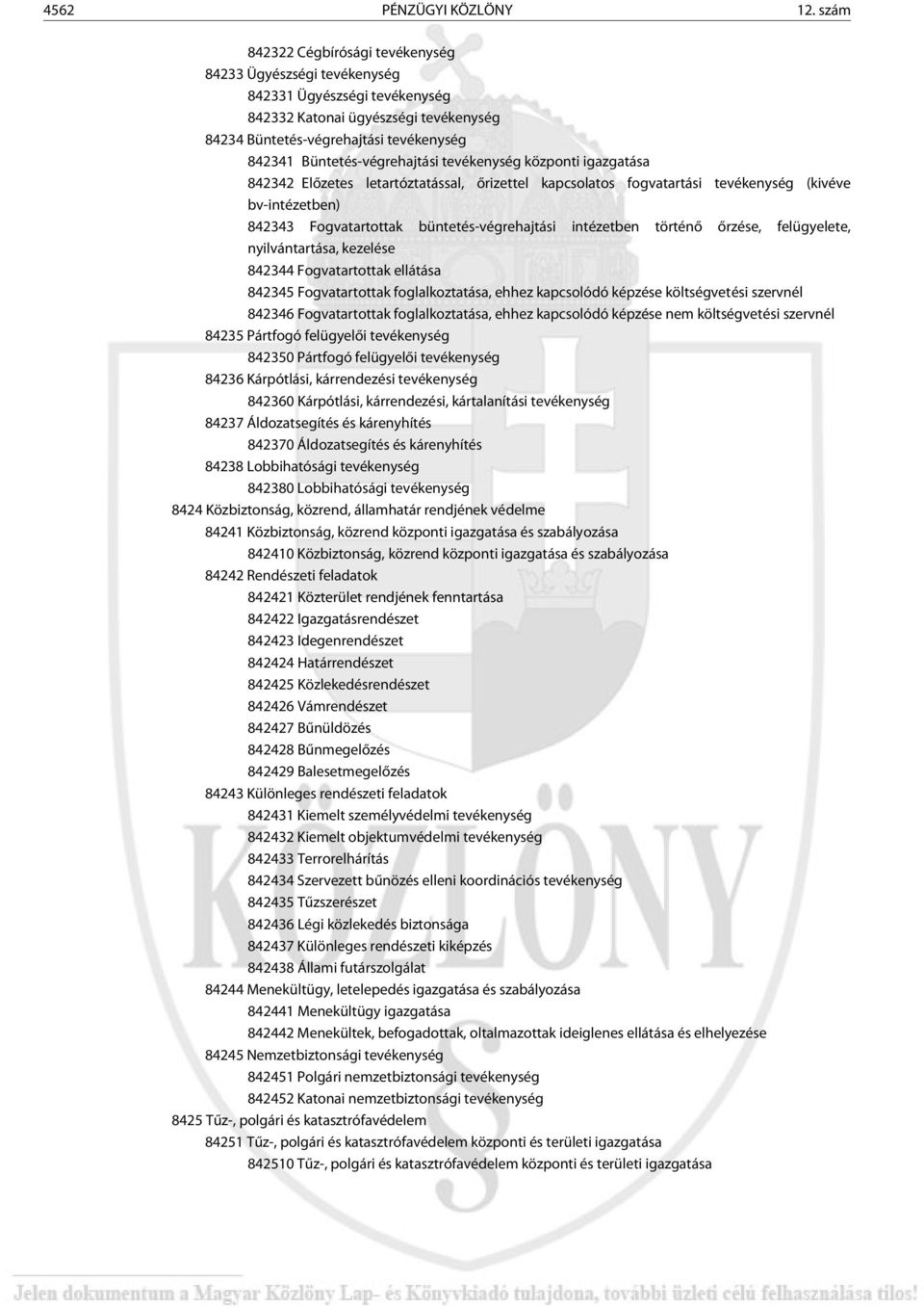 Büntetés-végrehajtási tevékenység központi igazgatása 842342 Elõzetes letartóztatással, õrizettel kapcsolatos fogvatartási tevékenység (kivéve bv-intézetben) 842343 Fogvatartottak