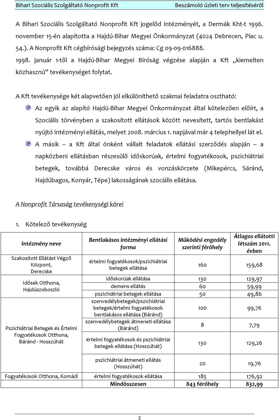 A Kft tevékenysége két alapvetően jól elkülöníthető szakmai feladatra osztható: Az egyik az alapító Hajdú-Bihar Megyei Önkormányzat által kötelezően előírt, a Szociális törvényben a szakosított