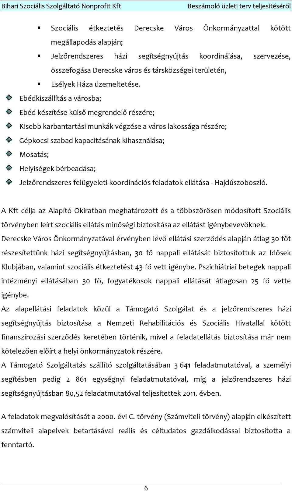 Ebédkiszállítás a városba; Ebéd készítése külső megrendelő részére; Kisebb karbantartási munkák végzése a város lakossága részére; Gépkocsi szabad kapacitásának kihasználása; Mosatás; Helyiségek