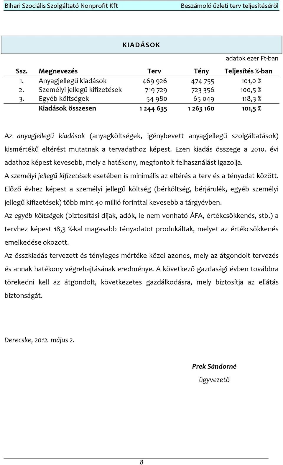 tervadathoz képest. Ezen kiadás összege a 2010. évi adathoz képest kevesebb, mely a hatékony, megfontolt felhasználást igazolja.