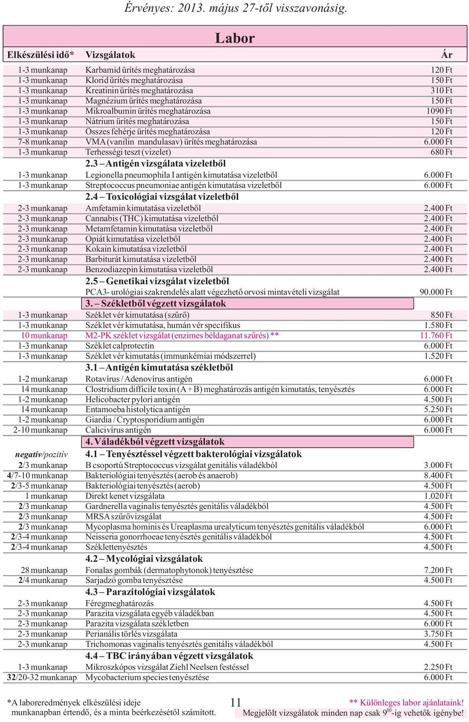 mandulasav) ürítés meghatározása 6.0 Ft 1-3 munkanap Terhességi teszt (vizelet) 680 Ft 2.3 Antigén vizsgálata vizeletből 1-3 munkanap Legionella pneumophila I antigén kimutatása vizeletből 6.