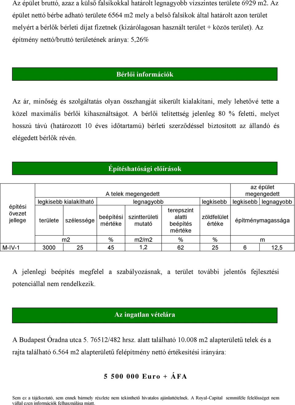 Az építmény nettó/bruttó területének aránya: 5,26% Bérlői információk Az ár, minőség és szolgáltatás olyan összhangját sikerült kialakítani, mely lehetővé tette a közel maximális bérlői