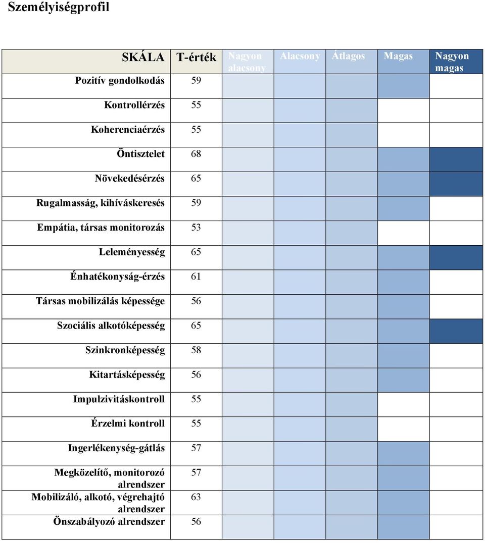 Énhatékonyság-érzés 61 Társas mobilizálás képessége 56 Szociális alkotóképesség 65 Szinkronképesség 58 Kitartásképesség 56