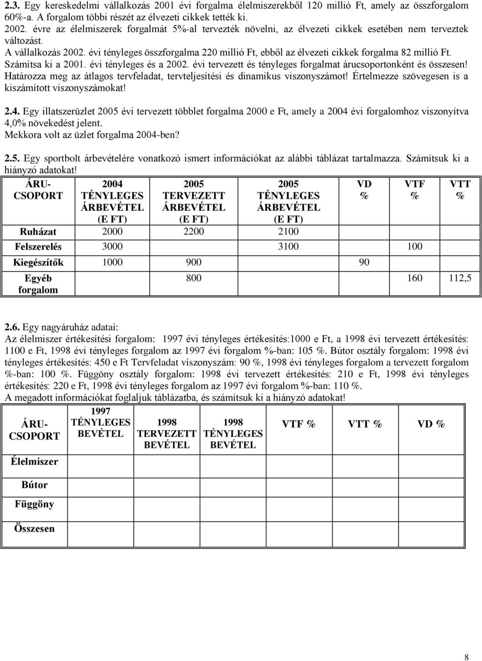 évi tényleges összforgalma 220 millió Ft, ebből az élvezeti cikkek forgalma 82 millió Ft. Számítsa ki a 2001. évi tényleges és a 2002.