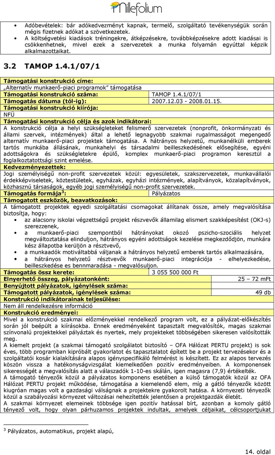 1/07/1 Támgatási knstrukció címe: Alternatív munkaerő-piaci prgramk támgatása Támgatási knstrukció száma: TAMOP 1.4.1/07/1 Támgatás dátuma (tól-ig): 2007.12.03-2008.01.15.